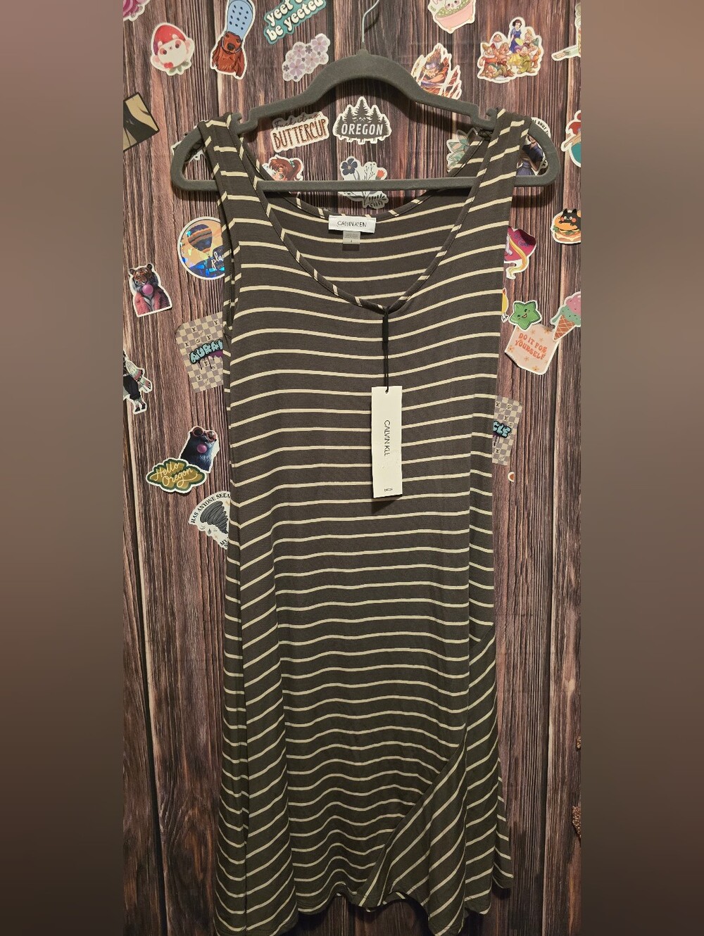 Calvin Klein Olive and Cream Striped Dress